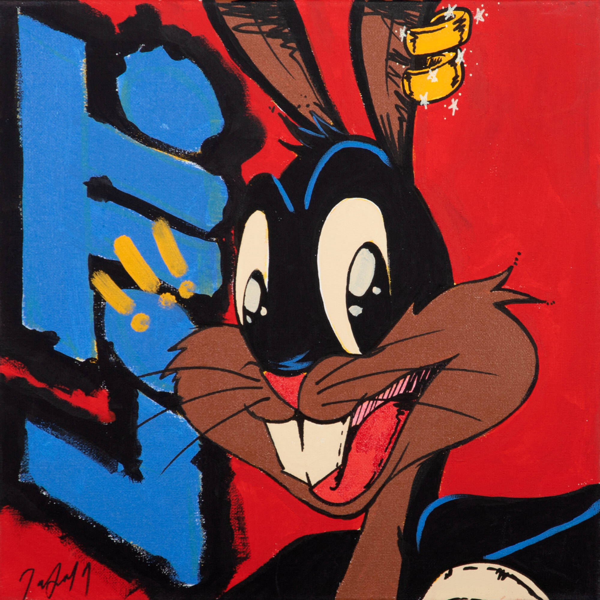 A painting of the character Bugs Bunny that has brown and black fur. The right ear of Bugs Bunny is pierced with two gold earrings